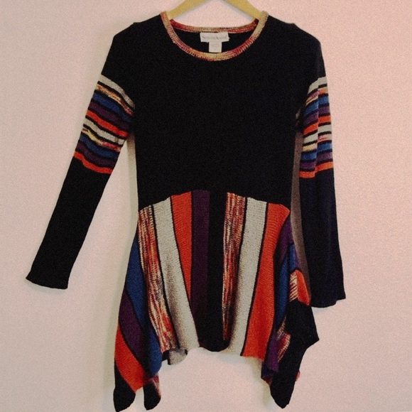 Sweaters - Vintage Seventh Ave Asymmetric Tunic Sweater Mini Dress Colorful Stripe Black